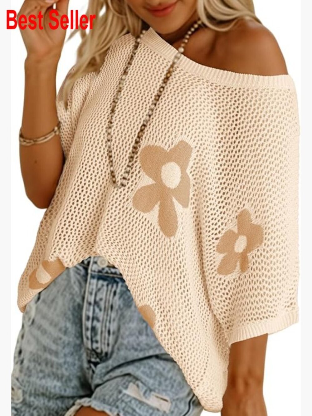 Floral Crochet Hollow Out Short Sleeve Lightweight Knit Pullover Sweater Top